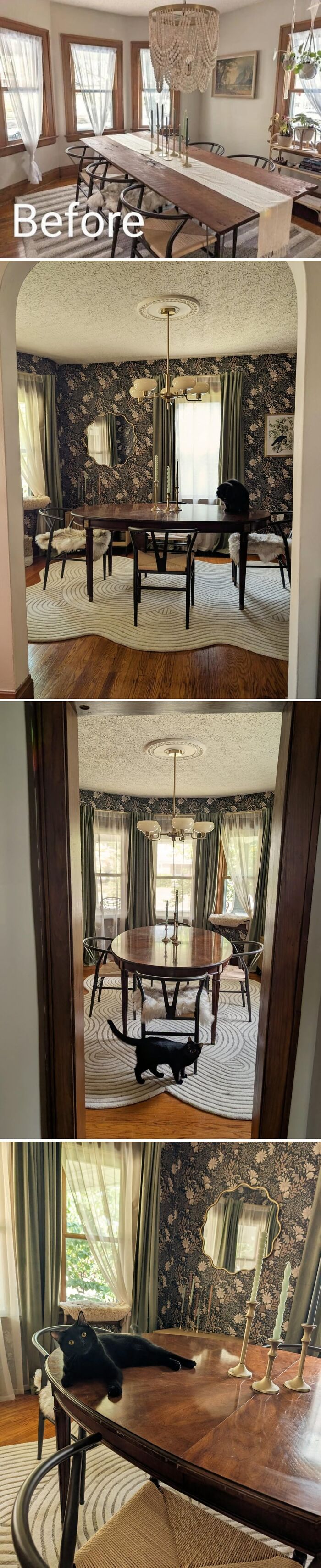 Dining room makeover in a beautiful old house featuring vintage wood furniture, patterned wallpaper, and natural light.
