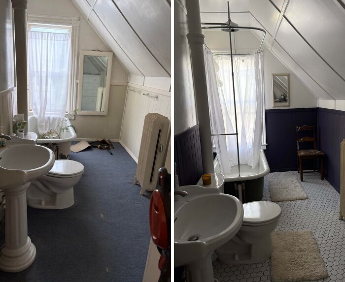 Two vintage bathrooms in beautiful old houses featuring classic fixtures and timeless craftsmanship details under sloped ceilings.
