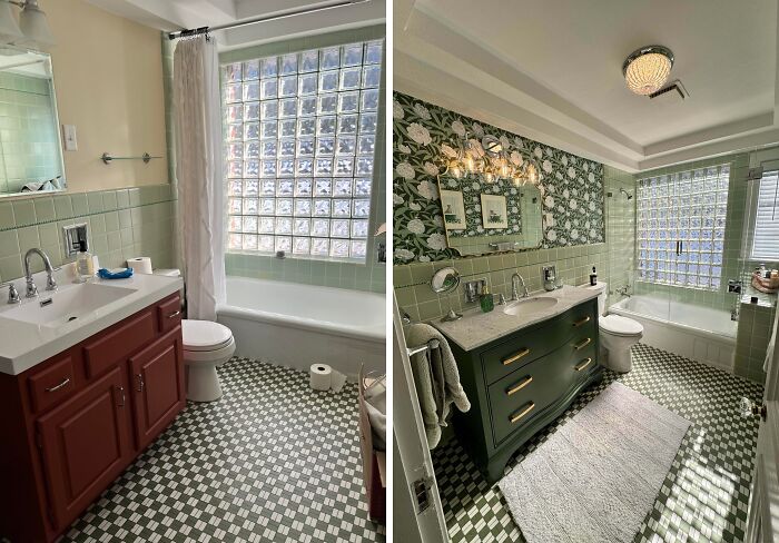 Two views of a vintage bathroom in a beautiful old house showcasing craftsmanship with classic tiles and glass block windows.