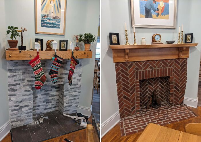 Two fireplaces in beautiful old houses showcasing craftsmanship with stone and brick designs and wooden mantels.