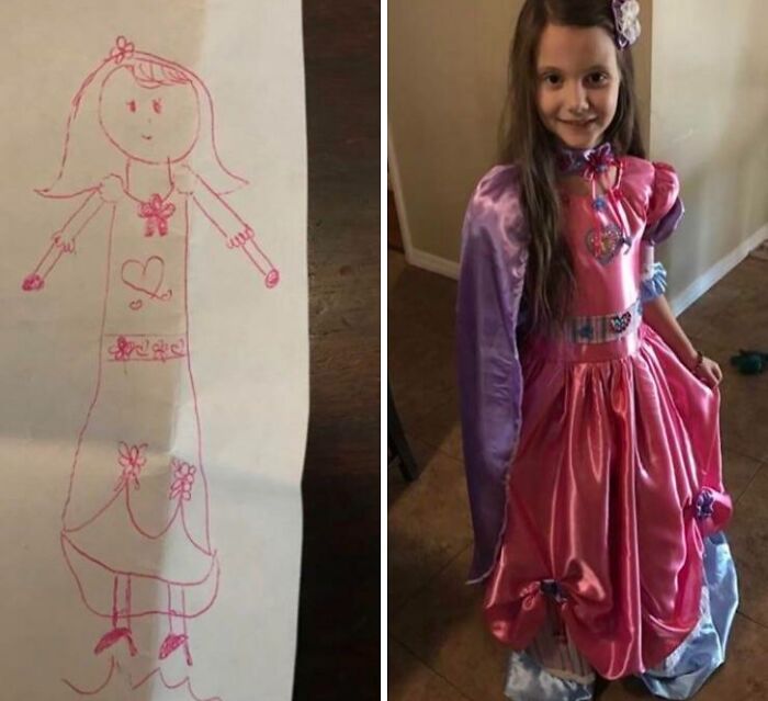 Side by side photo of a child's drawing and the costume they wore, showing dreams turned into reality and inspiring creations.