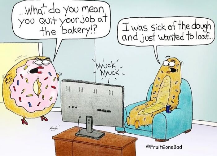 Cartoon donut and bread loaf characters talking about quitting a bakery job in a funny fruit gone bad comic.