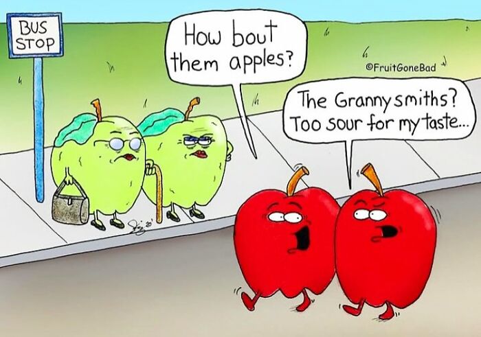 Two animated apples and two Granny Smith apples talk at a bus stop in a funny fruit gone bad comic.