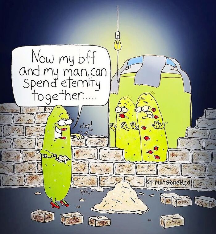 A funny comic from Fruit Gone Bad showing a pickle speaking to two frightened pickles behind a brick wall.