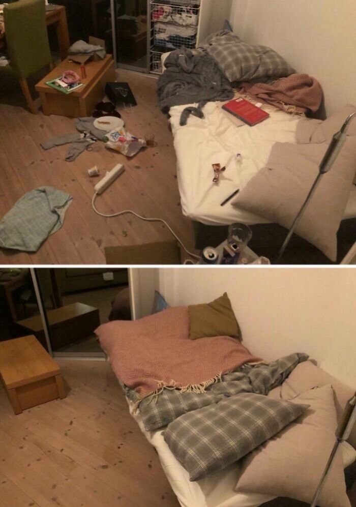 Messy bedroom transformed to clean and cozy, showing sibling gratitude and care in a shared living space.