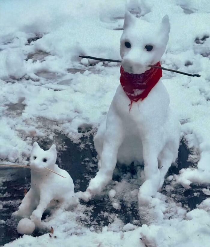 Two snow sculptures of a dog and cat sitting side by side, showing sibling gratitude with playful details.