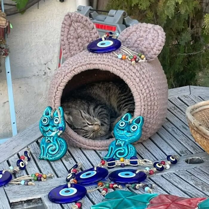 Tabby cat sleeping inside a knitted cat bed surrounded by Turkish evil eye charms in Istanbul, city of cats and culture.