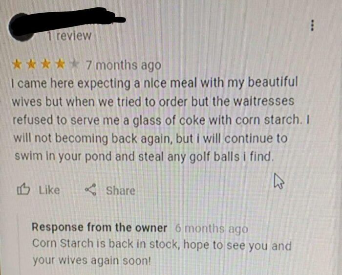 Funny unhinged review about a restaurant experience with witty owner response, showcasing unhinged reviews humor.