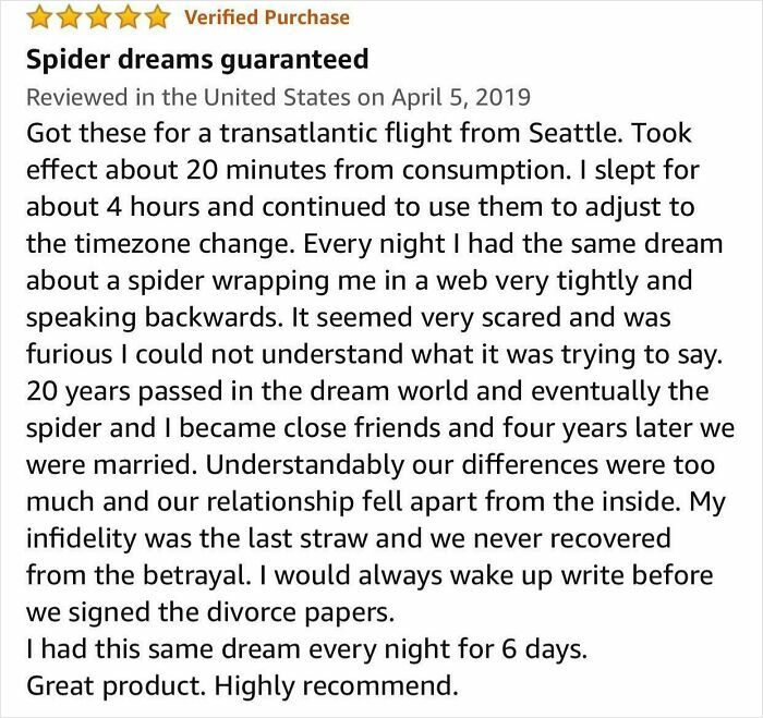 Funny unhinged review about spider dreams, shared as a hilarious customer experience with the product.