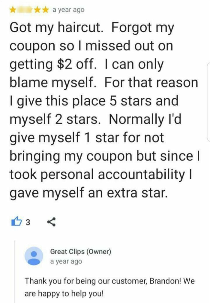 Funny and unhinged customer review with 5 stars for a haircut, showing hilarious personal accountability in a local business review.