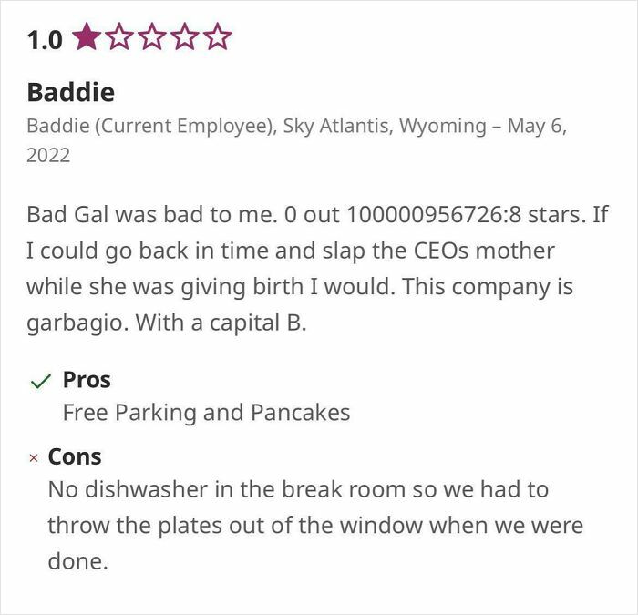 1-star hilariously unhinged review calling company garbagio with pros and cons about parking and break room issues.