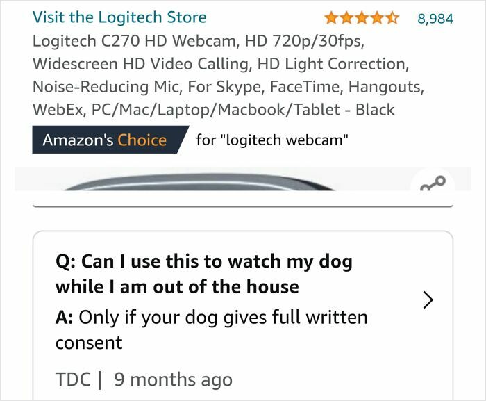 Screenshot of a hilariously unhinged product review question about watching a dog using a Logitech webcam.