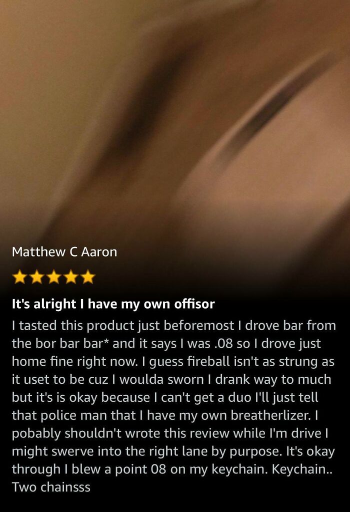 Screenshot of a hilariously unhinged review on Amazon for a breathalyzer product, showing humorous user feedback.