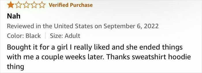 Screenshot of a hilariously unhinged review for a sweatshirt hoodie, illustrating humor in product feedback.