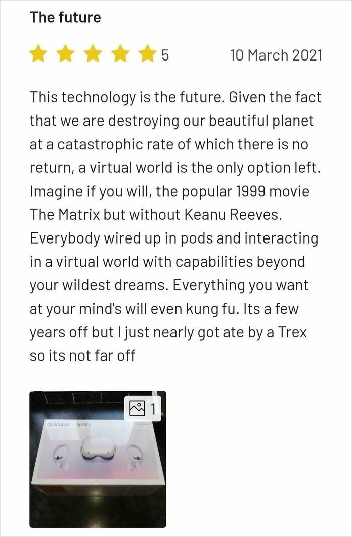 Virtual reality headset review describing unhinged technology and benefits in a future virtual world experience.