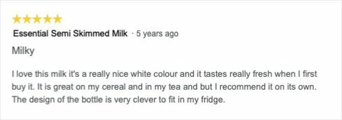 Screenshot showing three hilariously unhinged product reviews for water, milk, and lasagne with five-star ratings.