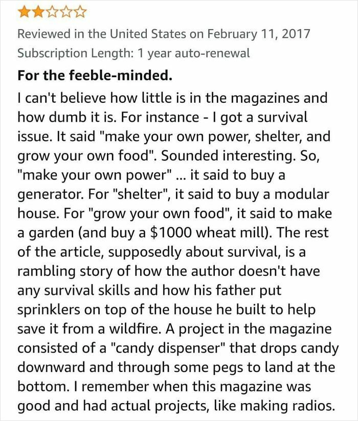 One-star hilarious unhinged review mocking survival tips in a magazine with sarcastic commentary and frustrations.