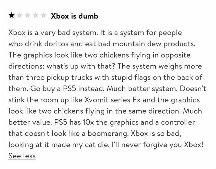 Screenshot of a hilarious unhinged customer review criticizing Xbox, showcasing humor in customer reviews.