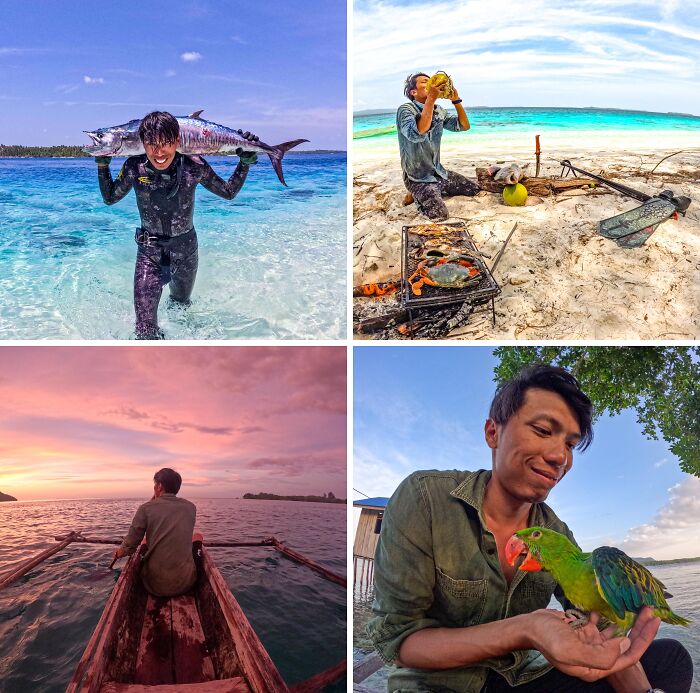 Collage of people turning big and small dreams into reality by fishing, cooking on the beach, boating, and bonding with a parrot.