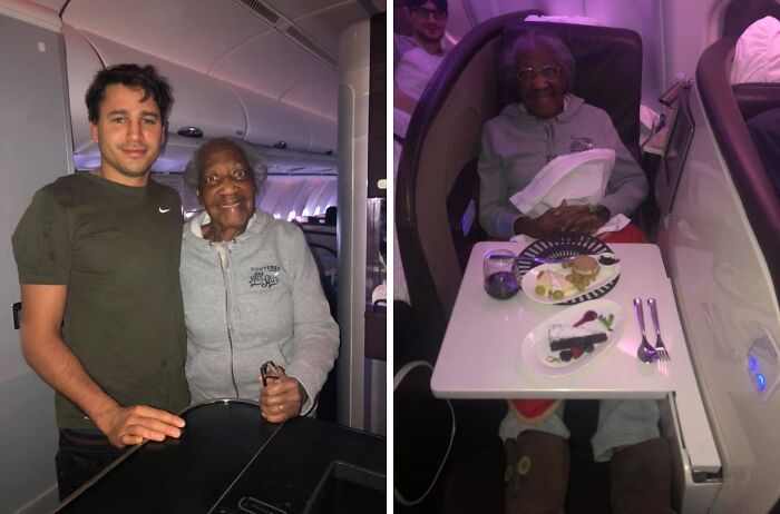 Elderly woman enjoying a luxury flight experience, showing how people turn their dreams into reality and inspire others online.