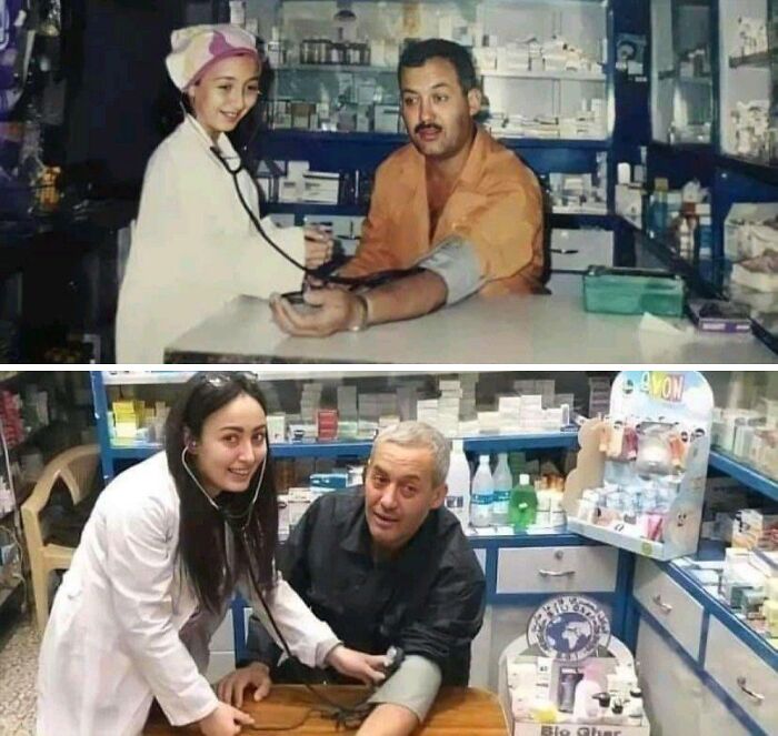 Young women measuring blood pressure for men in pharmacy, showing people turning their dreams into reality and inspiring the internet.