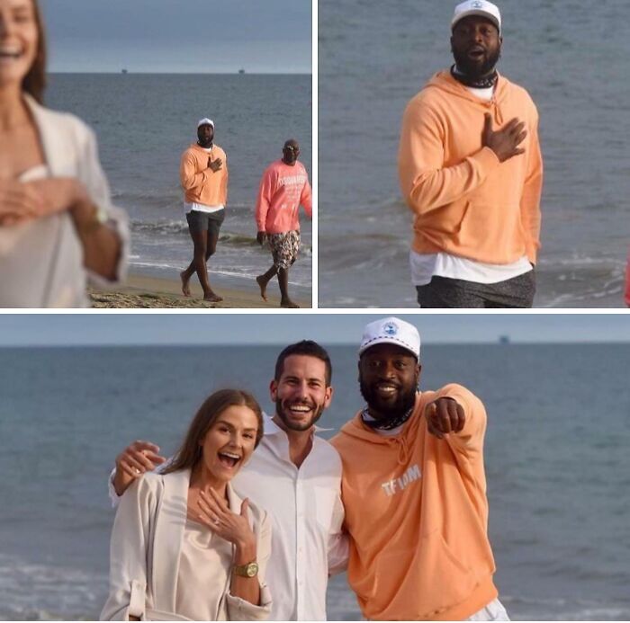 Group of friends laughing and posing on the beach with a photobomb moment stealing the show and making everyone laugh.
