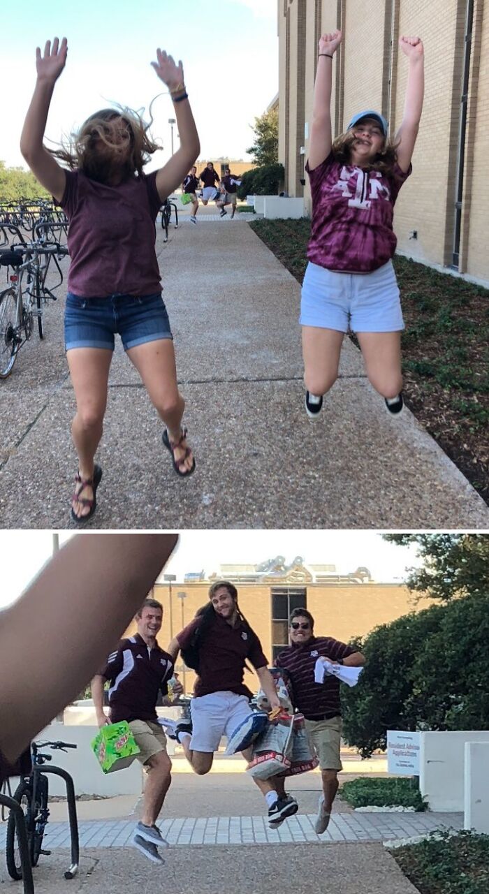 Two young women and three young men jumping in the air outside, creating epic photobombs that made everyone laugh.