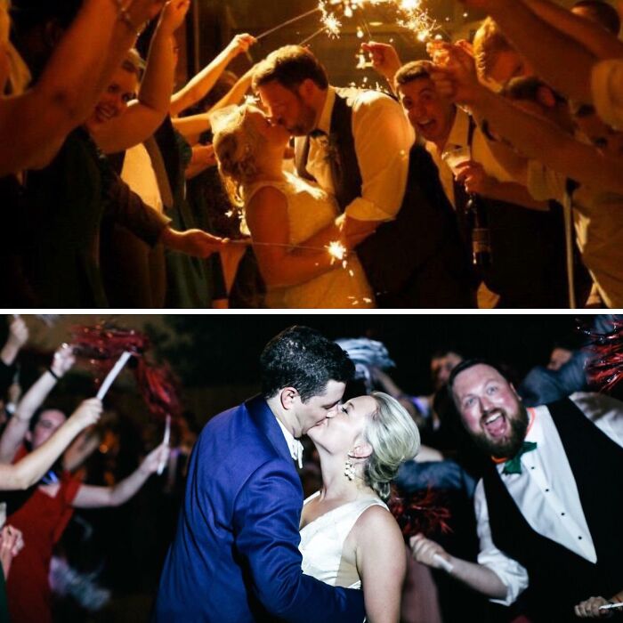 Couples kissing at weddings surrounded by guests holding sparklers and photobombing with excited expressions.