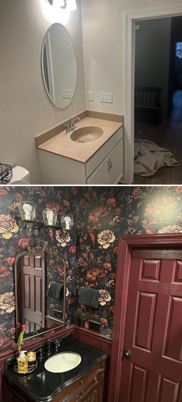 Two bathroom vanities showing simple and vintage styles that inspire beautifully decorated homes ideas.