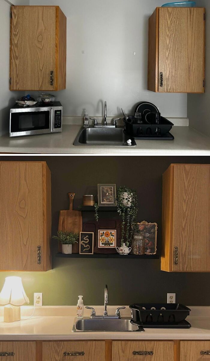 Before and after kitchen sink area transformation in beautifully decorated homes inspiring living space updates.