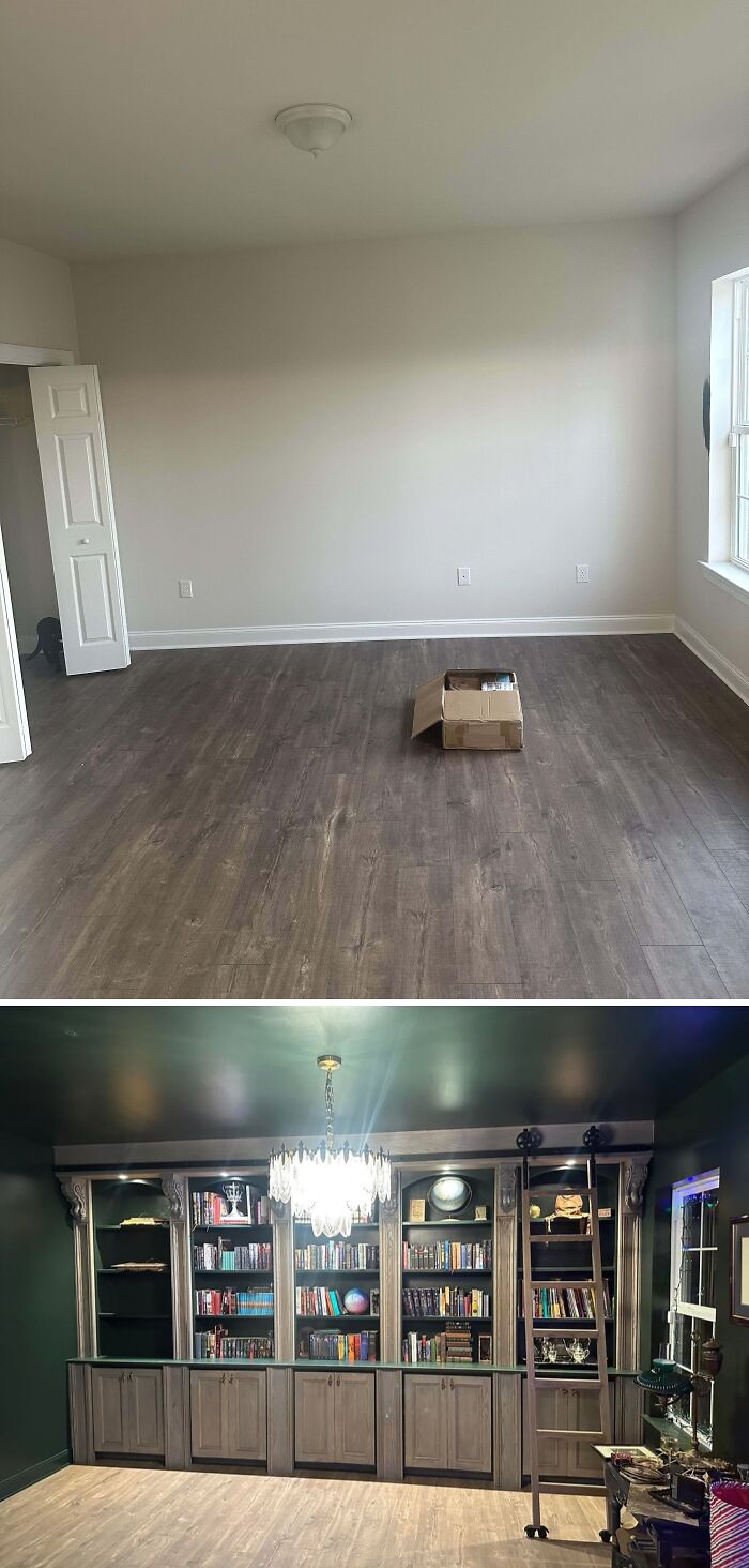 Before and after images of beautifully decorated home library with dark wood shelves, chandelier, and elegant decor ideas.