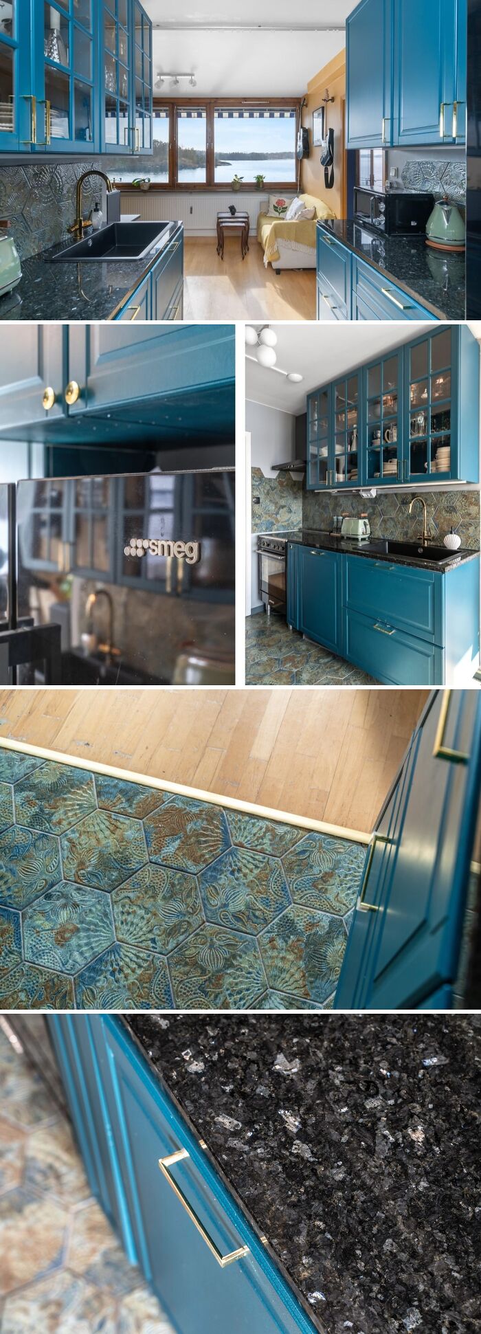 Modern kitchen with beautifully decorated homes featuring blue cabinets, black granite countertops, and patterned tile flooring.