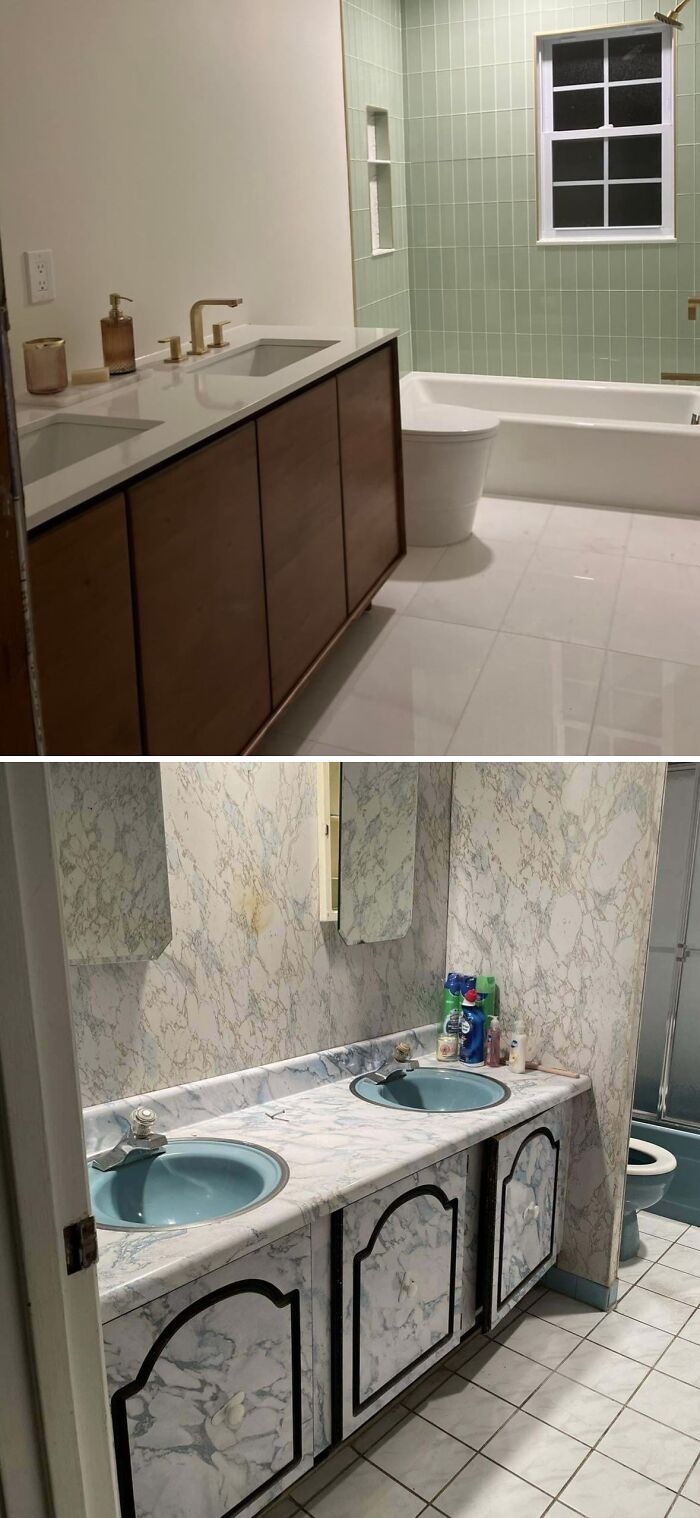 Modern bathroom with wooden vanity and green tiles above bathtub, and older bathroom with marble-patterned double sinks.