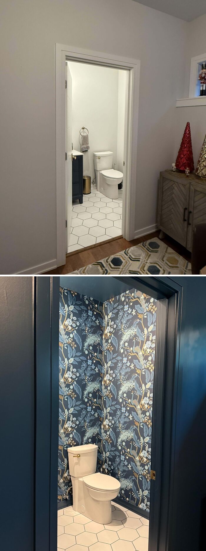 Modern decorated homes featuring stylish bathrooms with hexagonal tiles and patterned wallpaper for living space inspiration