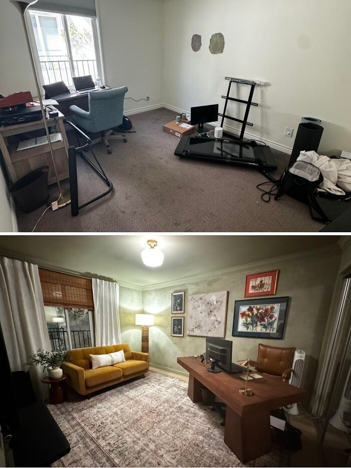 Before and after images showing a beautifully decorated home office inspiring ways to spruce up your living space.