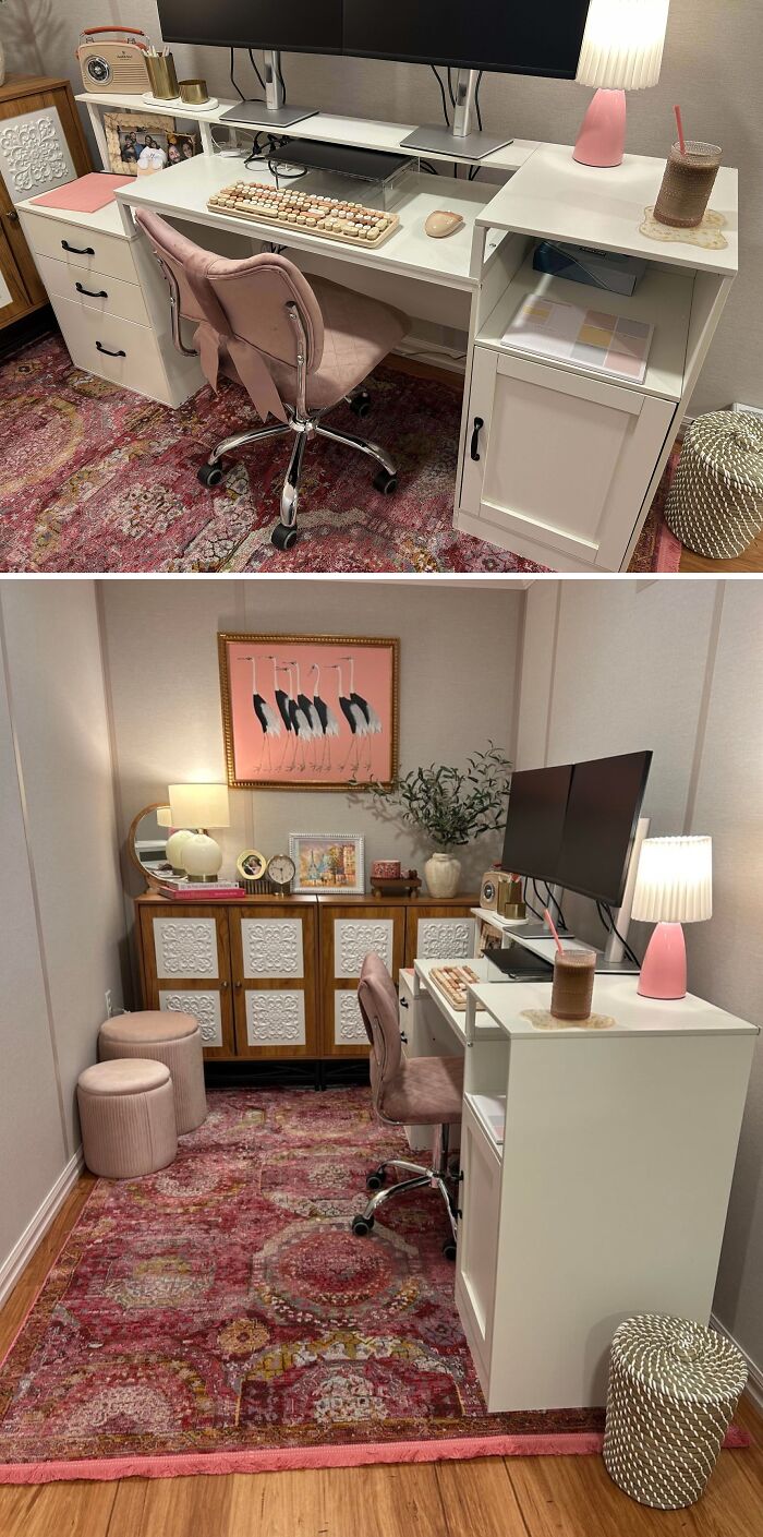 Home office space with beautifully decorated homes featuring pink accents, a vintage rug, and elegant storage for living space inspiration.
