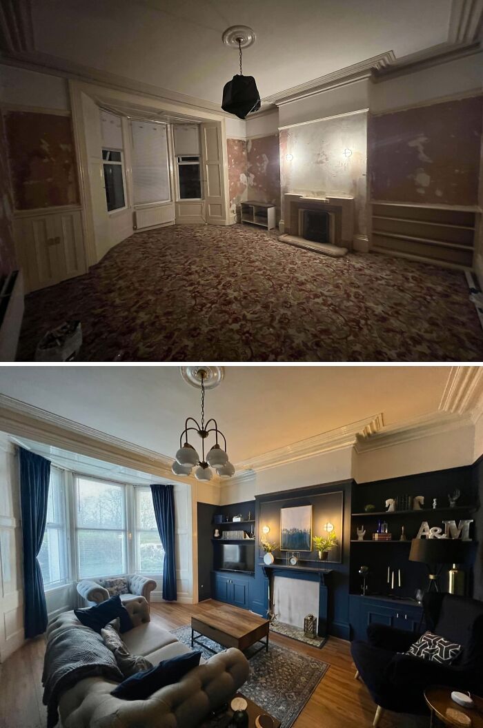 Before and after images of a living room transformation showcasing beautifully decorated homes with stylish blue accents and cozy seating.