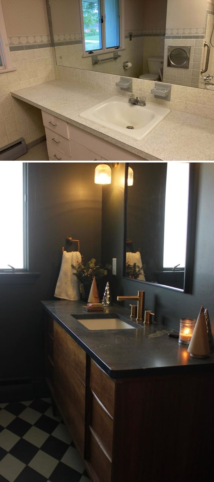 Before and after bathroom renovation showcasing beautifully decorated homes inspiring living space updates with modern fixtures and decor.
