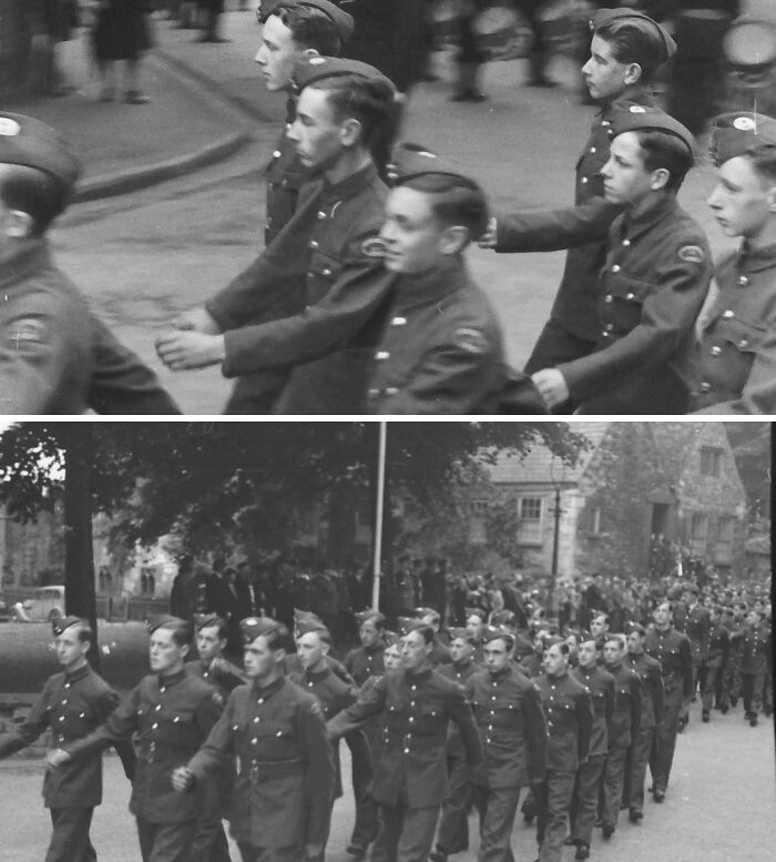 Black and white photos of soldiers marching in formation during a historical military parade, highlighting free time internet posts.