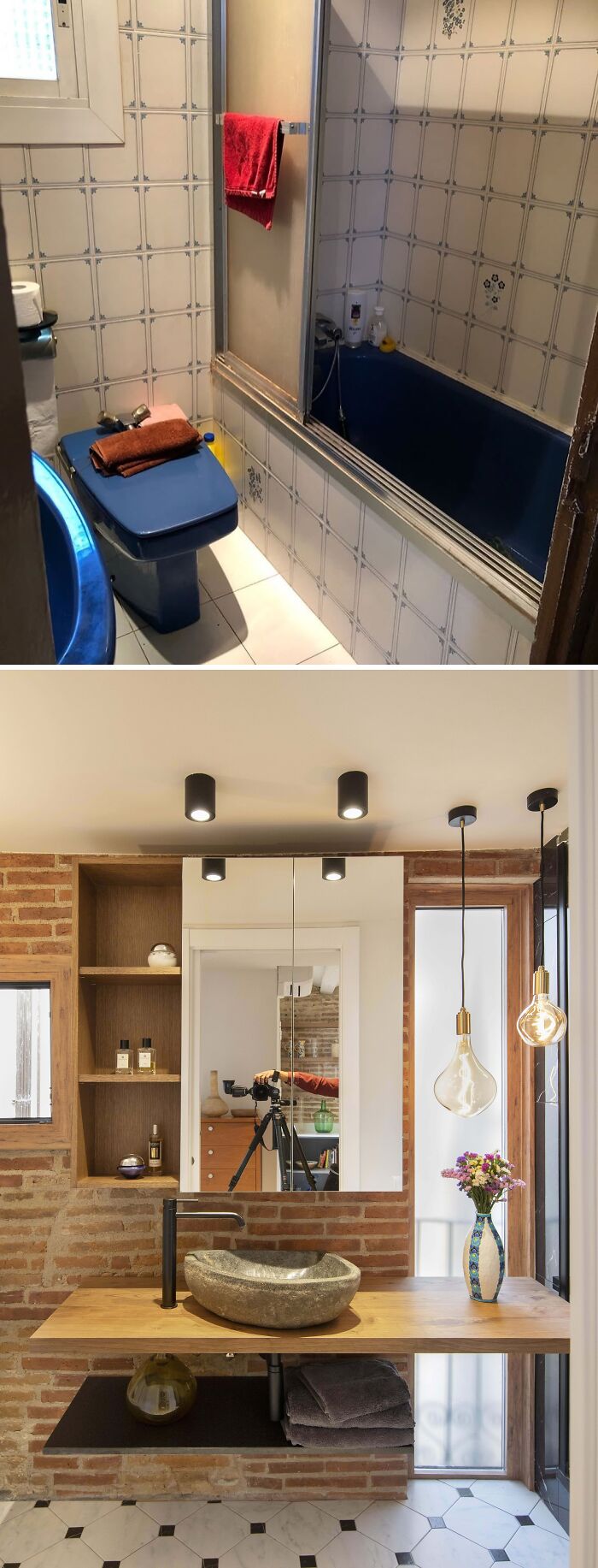 Before and after bathroom renovation showing beautifully decorated homes with modern and rustic design elements.