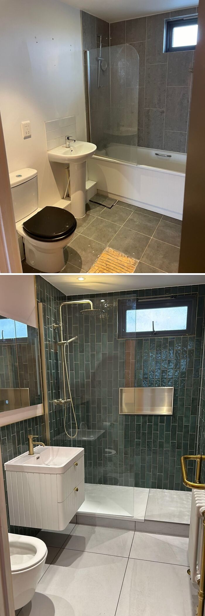 Before and after bathroom renovation in beautifully decorated homes with modern fixtures and stylish tile designs.
