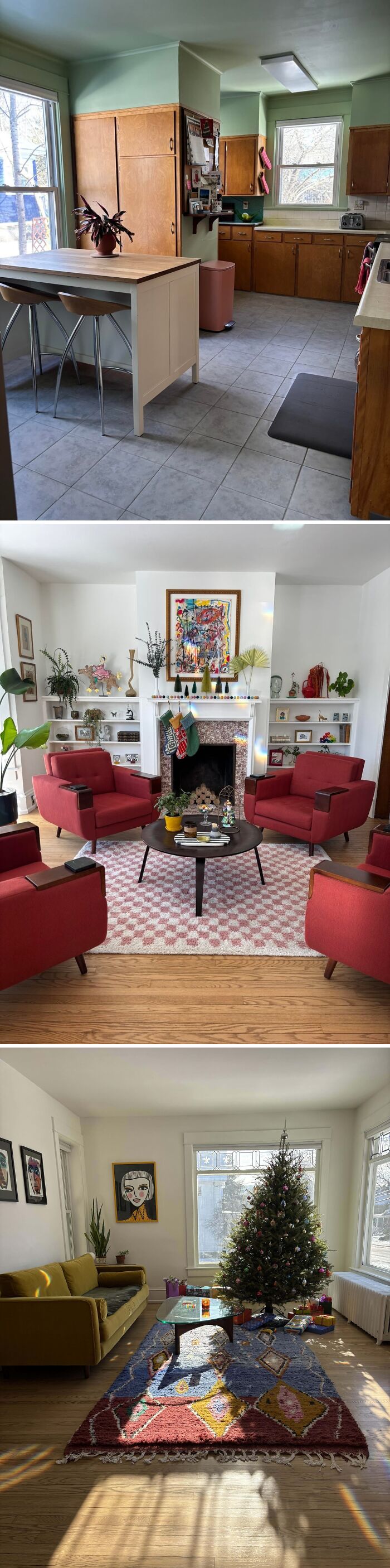 Three beautifully decorated homes featuring a modern kitchen, cozy living room with red chairs, and a festive space with a Christmas tree.