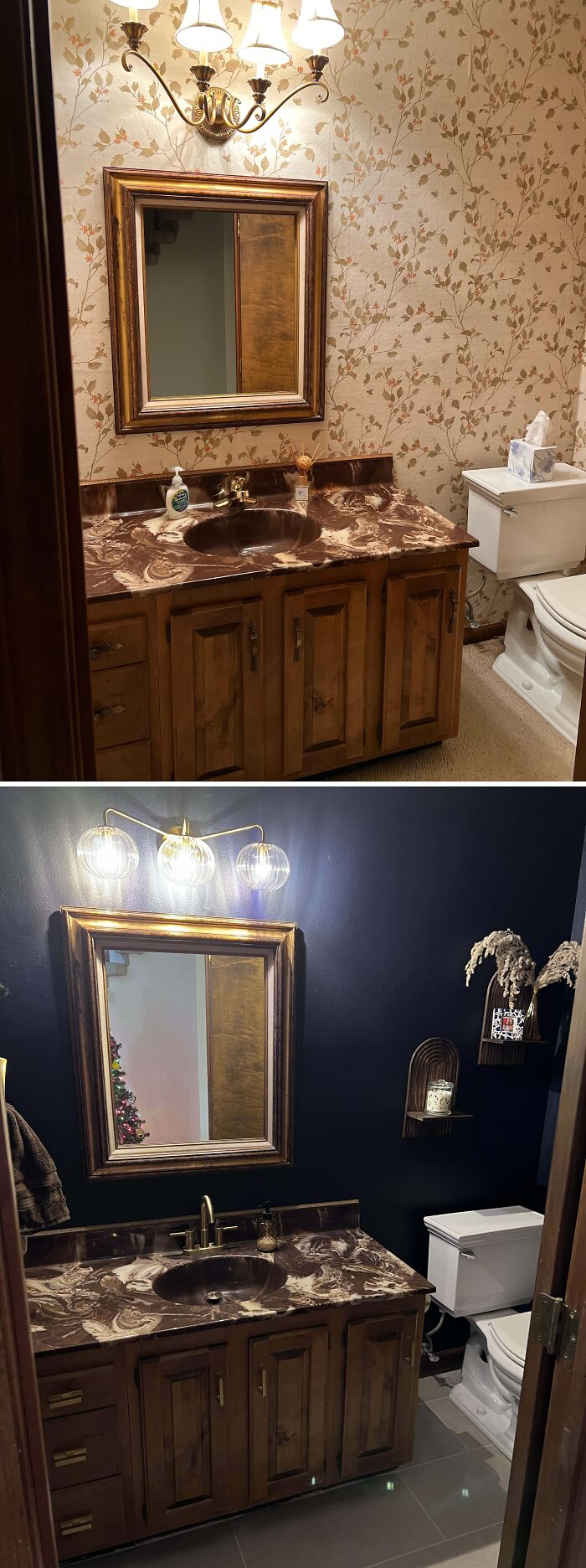 Before and after bathroom remodel with beautifully decorated homes features including wood cabinets and marble countertops.