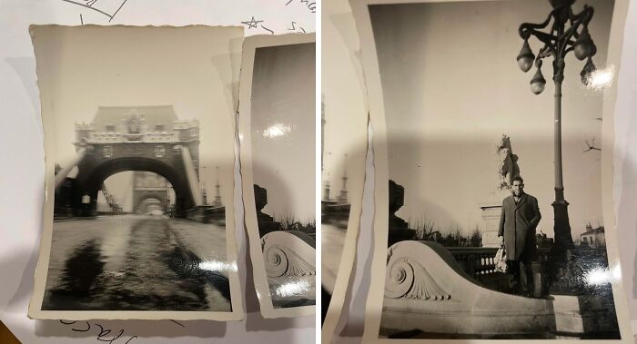 Two old black and white photos showing a man standing near a streetlamp and a distant archway in a city setting.