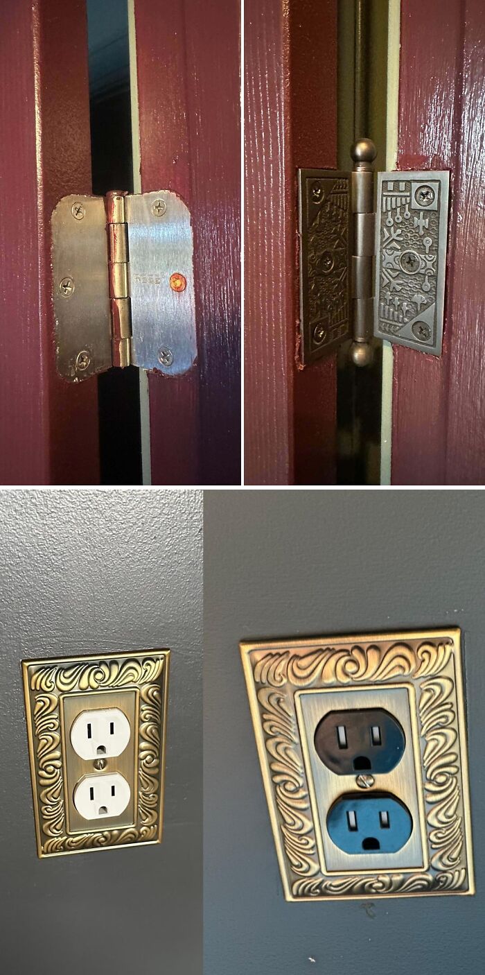 Close-up photos of beautifully decorated home details including ornate door hinges and decorative electrical outlet covers.