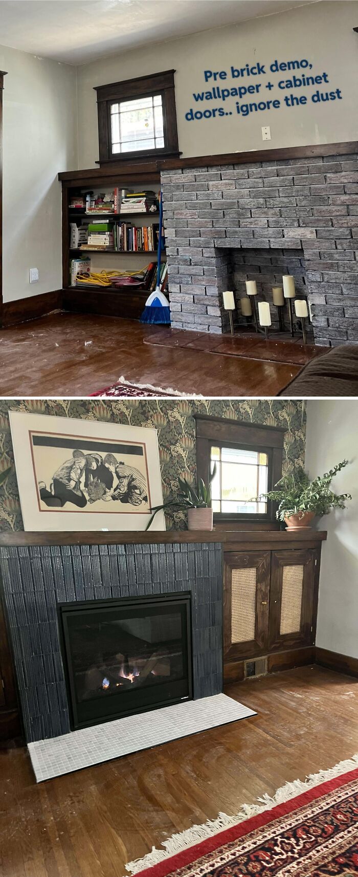 Before and after photos of beautifully decorated homes showing fireplace renovations and living space improvements.
