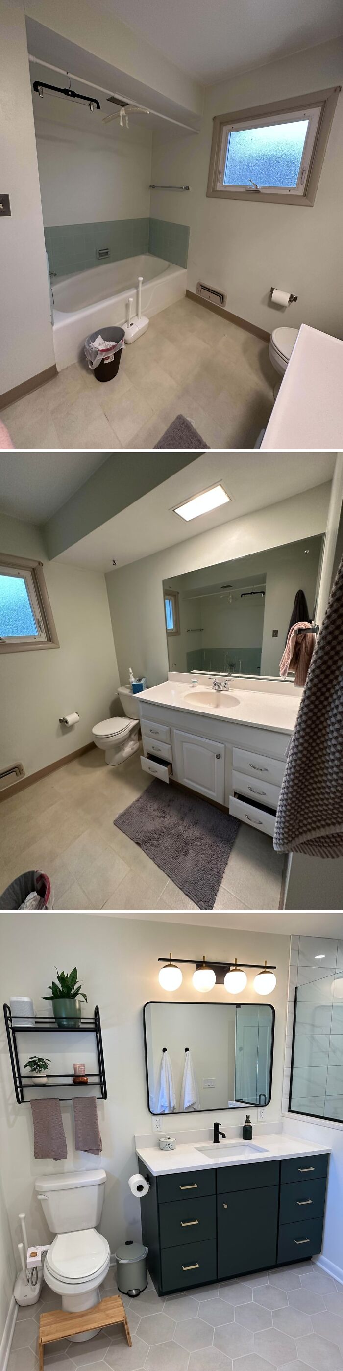 Modern bathroom renovation in beautifully decorated home with stylish vanity, shelving, and updated fixtures for living space inspiration.