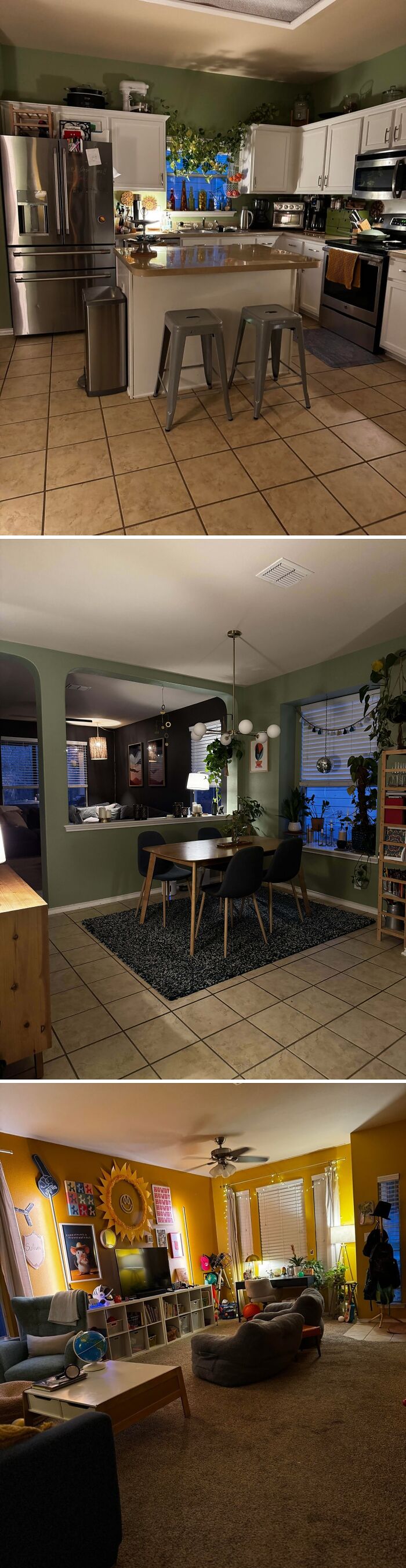 Modern kitchen, dining, and living spaces featuring stylish decor and cozy, beautifully decorated homes for living space inspiration.