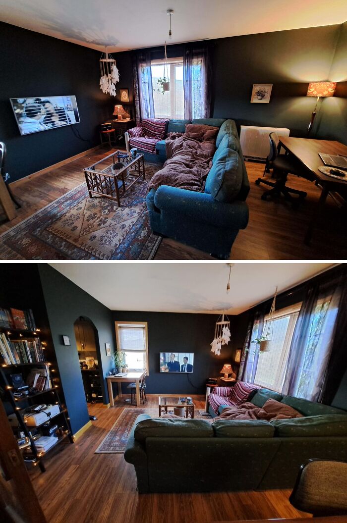 Cozy living room with beautifully decorated homes featuring dark walls, wooden floors, layered rugs, and comfortable seating.