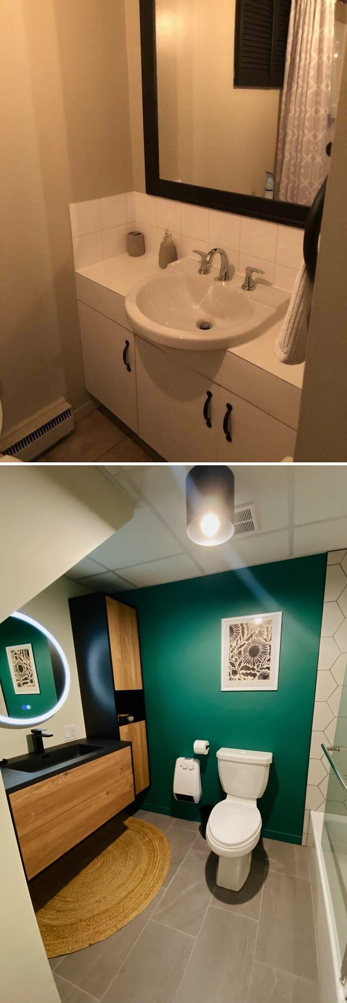 Before and after bathroom remodel featuring beautifully decorated homes with modern fixtures and stylish design elements.
